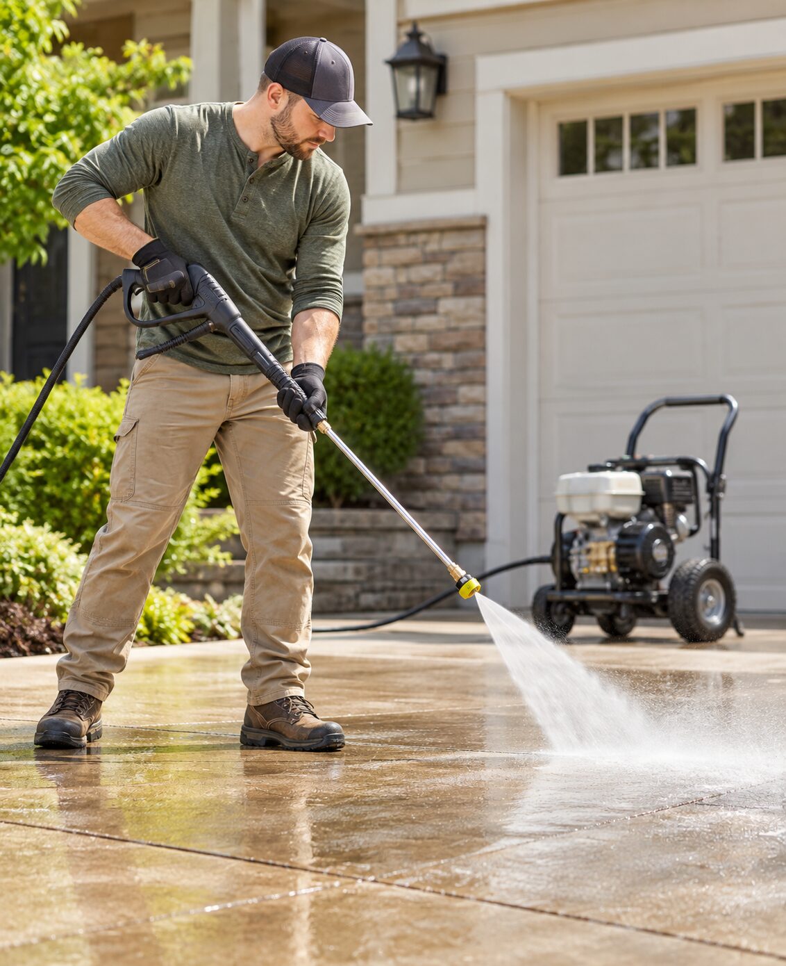 Pressure washing a driveway